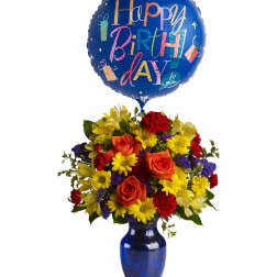 Birthday bouquet with a blue balloon in a vase