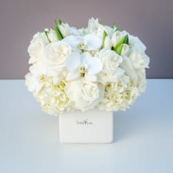 White roses and orchids arranged in a square white vase