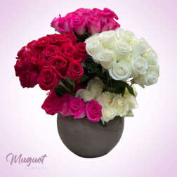 Bouquet of pink, red, and white roses in a dark round vase