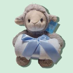 Plush Gray Lamb with Blue Blanket