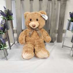 Large teddy bear with a checkered bow, flanked by small purple flower arrangements