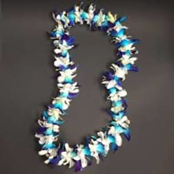A blue, white, and purple flower lei on a dark background