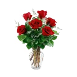 Red roses arranged in a clear glass vase