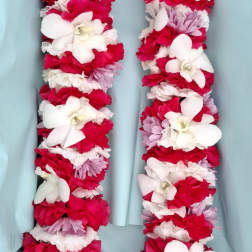 Flower lei made of red, white, and lavender blooms
