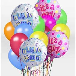 Cluster of colorful balloons, including two "It's a boy" and two "It's a girl" balloons