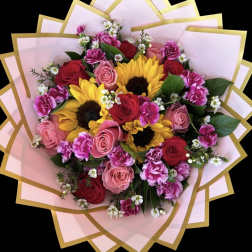 Sunflower and Rose Wrapped Bouquet