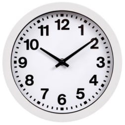 White wall clock with black numbers and hands