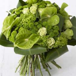 Green bouquet with roses, chrysanthemums, and anthuriums