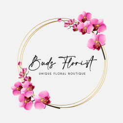 Pink orchids arranged in a gold circular frame with boutique text