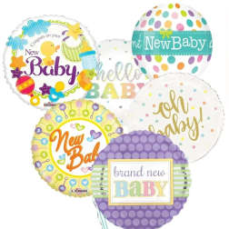 Cluster of colorful baby-themed balloons with assorted congratulatory messages