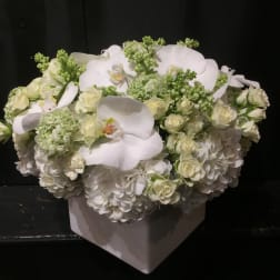 White floral arrangement in a square vase with orchids and roses