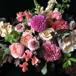 Pink and cream mixed bouquet with dahlias, roses, and snapdragons