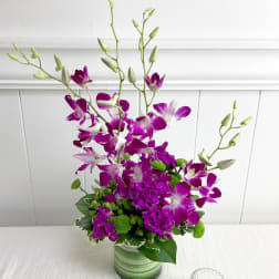 Purple orchids in a striped glass vase with green accents