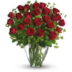 Red roses arranged in a clear glass vase