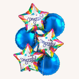 Cluster of colorful star-shaped congratulatory balloons with blue round balloons