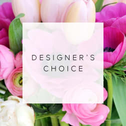 Pink and white flowers with a "Designer’s Choice" label overlay