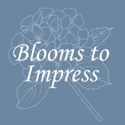 Blue graphic with white text reading "Blooms to Impress" over outlined flowers