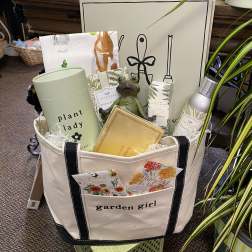 Garden-themed gift tote with plant and floral items