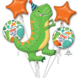 Dinosaur birthday balloon bouquet with orange star balloons
