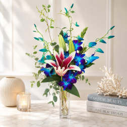 Blue Orchids and Stargazer Lily Vase