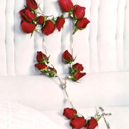 Red rose rosary with silver cross on white fabric