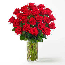 Bouquet of red roses in a clear glass vase