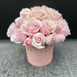 Pink roses arranged in a blush pink box
