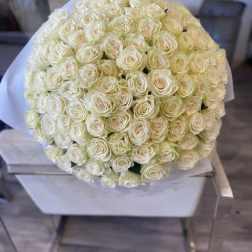Large bouquet of cream-white roses wrapped in white paper