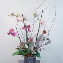 Tall orchid arrangement in a ribbed metal container with branches