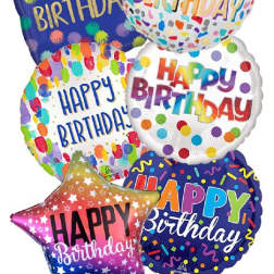 Cluster of colorful birthday balloons with curled ribbons