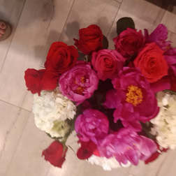 Bouquet of red and pink roses with white flowers on the floor