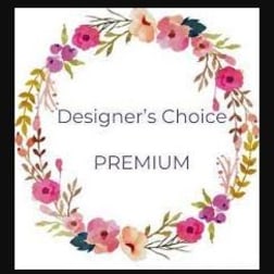 Floral wreath graphic with pink and peach flowers around the words Designer's Choice Premium