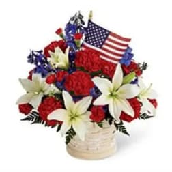 Red and white floral basket with an American flag