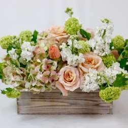 Peach roses and white flowers in a wooden box
