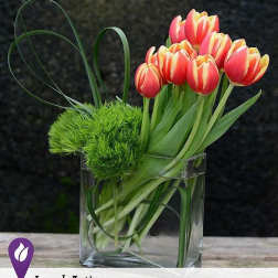 Pink and yellow tulips in a clear glass vase with green decorative accents