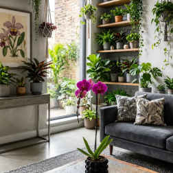 Potted purple orchids on a coffee table in a plant-filled living room