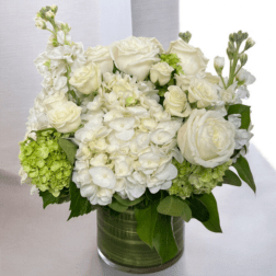 White roses and hydrangeas arranged in a glass vase