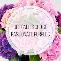 Pink and purple hydrangea bouquet with a designer's choice label