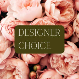 Pink peony blooms with a "Designer Choice" label