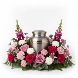 Pink and white flowers arranged around a silver urn