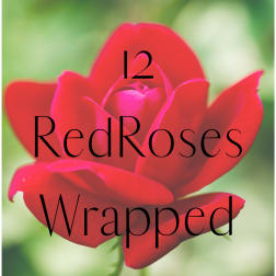 Close-up of a red rose with overlay text reading 12 red roses wrapped