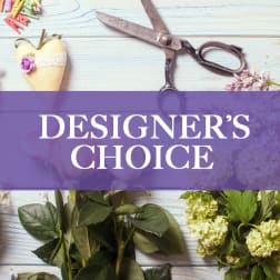 Designer’s choice floral graphic with scissors, ribbon, and flowers
