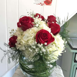 Red Roses & White Hydrangea Bubble Bowl by Petals