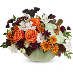 Orange roses and mixed fall flowers in a pale green pumpkin container with a bat pick