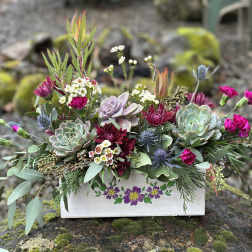 Succulent and magenta flower arrangement in a painted wooden box