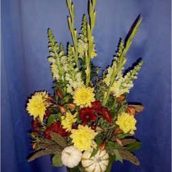 Tall rust mum Autumn arrangement with pumpkins