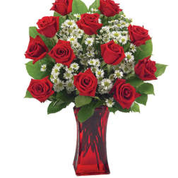 Red roses and white daisy-like flowers in a red glass vase