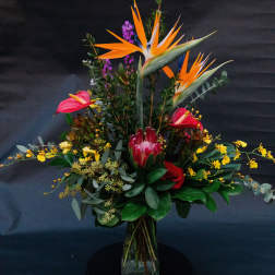 Tropical bouquet with orange bird-of-paradise and pink anthuriums in a glass vase