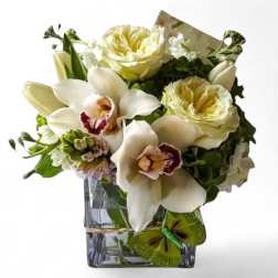 White orchids and pale roses arranged in a clear square vase