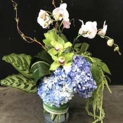 Orchid and hydrangea arrangement in a glass vase